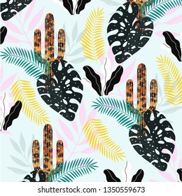 Cactus with tropical leaves pattern