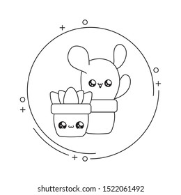 cactus tropical with plant in frame circular kawaii style vector illustration design