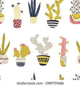 Plantas tropicales de cactus en macetas vectoriales sin fisuras. Caricatura infantil. Cuidados cactus dibujados a mano y suculentos en un sencillo estilo escandinavo a la moda. Paleta pastel limitada