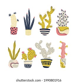 Plantas tropicales de cactus en vectores de ollas. Caricatura infantil. Cuidados cactus dibujados a mano y suculentos en un sencillo estilo escandinavo a la moda. Paleta de colores pastel limitada ideal para imprimir