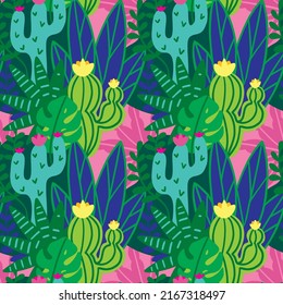 Cactus and tropical plants, seamless pattern.  Summer print. Vector.
