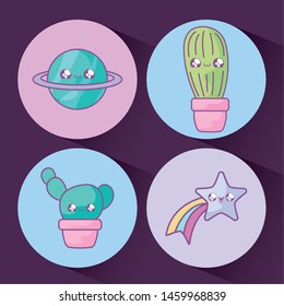 cactus tropical in pot plant with set icons kawaii style