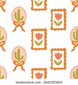 Cactus and tulip frames seamless pattern