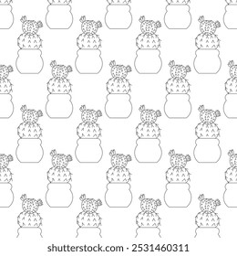 Cactus with two flowers in doodle style. Simple seamless pattern. Vector illustration.