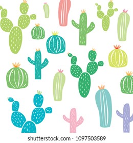 Cactus  vector . Abstract hipster desert nature fabric print. Green mint cacti on white for wallpaper and textile apparel.