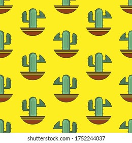 Cactus vector cartoon seamless pattern on a yellow background for wallpaper, wrapping, packing, and backdrop.