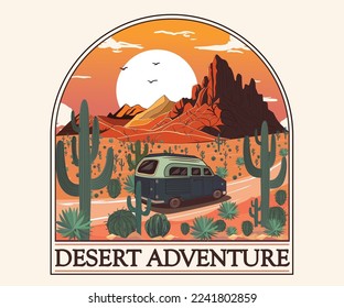 Diseño vectorial de cactus. Hora del atardecer en el desierto. Viaje en coche por el desierto. Diseño de camisetas en el desierto de Arizona. 