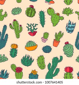 Cactus vector home nature handmade illustration of green cactus in bow plant cactaceous tree with flower different sorts and design home plant seamless pattern background