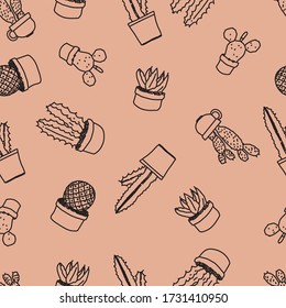 Cactus vector home nature handmade illustration of green cactus in bow plant cactaceous tree with flower different sorts and design home plant seamless pattern background