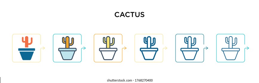 Cactus vector icon in 6 different modern styles. Black, two colored cactus icons designed in filled, outline, line and stroke style. Vector illustration can be used for web, mobile, ui