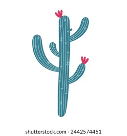 Cactus vector icon. A prickly plant with a green stem, spines, pink flowers. Desert succulent. Wild Mexican saguaro. Hand drawn botanical doodle isolated on white. Flat cartoon clipart for print, web