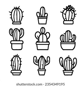 Cactus Vector Icon Set Minimal Line Art Drawing