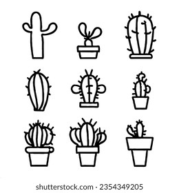 Cactus Vector Icon Set Minimal Line Art Drawing