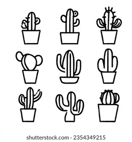Cactus Vector Icon Set Minimal Line Art Drawing