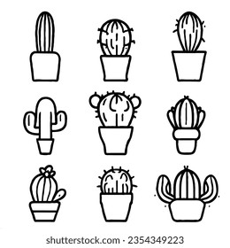 Cactus Vector Icon Set Minimal Line Art Drawing