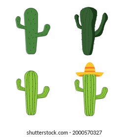 Cactus vector icons. Set of different style cactus. Cartoon, hand drawn design. Cactus with sombrero