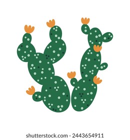 Cactus vector illustration. Blooming prickly pear with green stem, orange flowers, spines. Houseplant or desert succulent. Plant of America, Mexico, India. Hand drawn opuntia doodle. Cartoon clipart