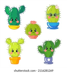 Kakteen. Vektorgrafik einzeln auf weißem Hintergrund, süßer Kaktus-Charakter im Cartoon-Stil. Cute Pflanzen cacti Sukkulente in Töpfen.