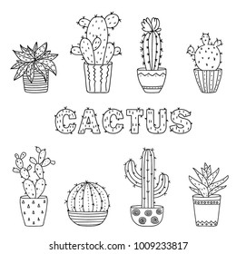 Cactus vector illustrations. Hand drawn outline cactus and flowerpot set . 