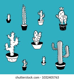 Cactus vector illustrations. Hand drawn outline cactus set. Cactus plants nature elements on blue background
