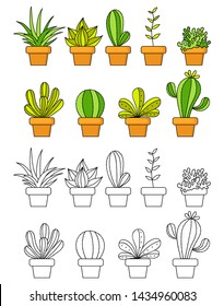 Cactus vector illustrations. Hand drawn outline cactus set. Cactus plants nature elements. tropical doodle. summer doodle.