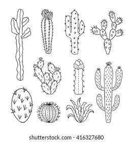 Cactus Vector Illustrations. Hand Drawn Outline Cactus Set. Cactus Plants Nature Elements