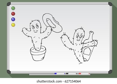Cactus vector illustrations. Hand drawn outline cactus set on whiteboard