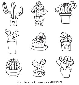 Cactus Vector Illustrations. Hand Drawn Outline Cactus Set. Cactus Plants Nature Elements
