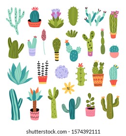 Cactus vector illustrations set. Cute colorful succulents and cacti hand drawn doodles on white background. Botanical collection of houseplants