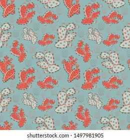 Cactus vector seamless pattern blue background. Exotic Wallpapers. Creative texture Doodle.Vintage style.Isolated vector object. Exotic Prickly Pear. For wrapping paper, textile, background, fabric.