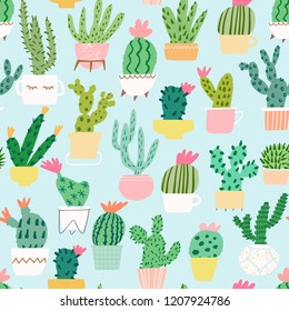 Cactus vector seamless pattern. Cacti seamless background