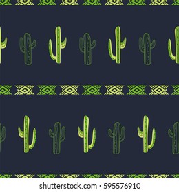 Cactus vector seamless pattern. Floral hand drawn illustration of succulents with ornamental tribal elements