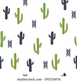 Cactus vector seamless pattern. Floral hand drawn illustration of succulents with ornamental tribal elements