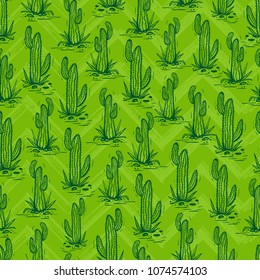 Cactus Vector Seamless pattern. Mexican Nature with Hand drawn doodle cactuses. Desert Floral background