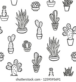Cactus Vector Seamless pattern. Nature. Hand drawn doodle cacti. Desert Floral background. Black and white cacti print in the scandinavian style