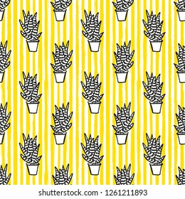 Cactus Vector Seamless pattern. Nature. Hand drawn doodle cacti. Desert Floral background. Black and white cacti print in the scandinavian style