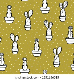 Cactus Vector Seamless pattern. Nature. Hand drawn doodle cacti. Desert Floral background. Black and white succulents print on mustard fond in the scandinavian style