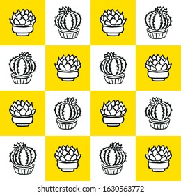 Cactus Vector Seamless pattern. Nature. Hand drawn doodle cacti. Desert Floral background. Black and white succulents print ion white and yellow squares