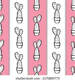 Cactus Vector Seamless pattern. Nature. Hand drawn doodle cacti. Desert Floral background. Black and white succulents print on a pink fond in the scandinavian style