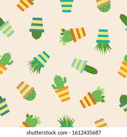 Cactus vector seamless pattern in striped flower pots, isolated on an pale background
