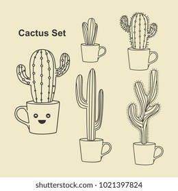 Cactus vector set. Cute hand drawn vintage style line art.