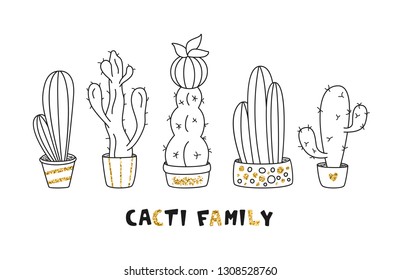 Cactus vector set. Doodle succulents isolated on white background. Cacti in pot with gold glitter design. Flat line house plants collection