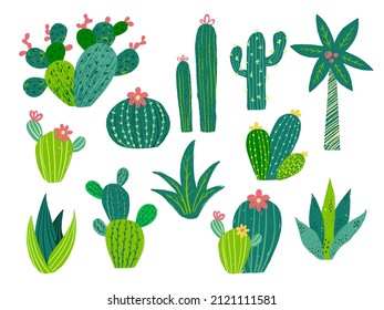 Cactus vector set. Mexican cacti with flowers drawing. Desert plant illustration. Cute Arizona summer garden. Aloe, succulent  and exotic flora graphics. Isolated on white background.