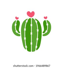 Cactus vector. A variety of cacti that are blooming are pink hearts. Isolated on white background.