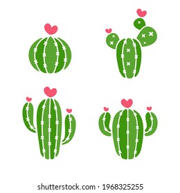 Vector de cactus. Una variedad de cactus que están floreciendo son corazones rosados. Aislado sobre fondo blanco.
