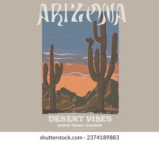 Cactus vintage artwork. Desert adventure t-shirt design. Arizona desert vibes vector graphic print design for apparel, stickers, posters, background and others. 