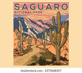 Cactus vintage artwork. Desert adventure t-shirt design. Saguaro  national park vector graphic print design for apparel, stickers, posters, background and others.