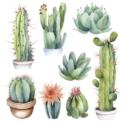 Ilustración De Acuarela De Cactus.Elementos De Impresión De Cutis Y Cacti