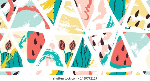 Cactus and watermelon ice cream summer seamless triangles pattern. Stock vector