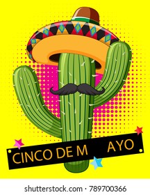 Cactus wearing mexican hat on yellow background illustration